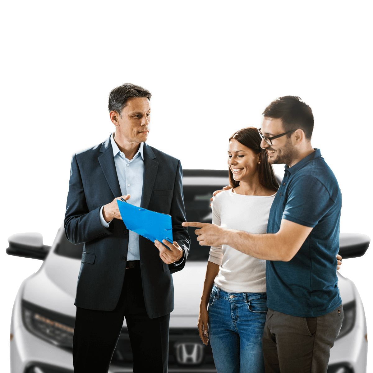 Two people talking to car sales person with a white car behind them