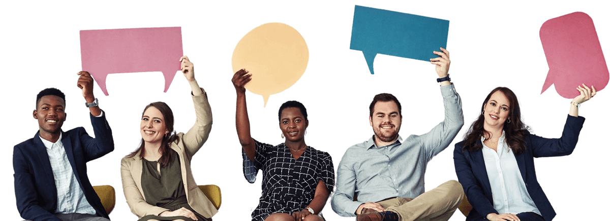 Employees sitting whilst holding paper speech bubbles
