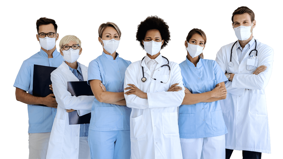 A line of nurses and doctors standing, wearing masks