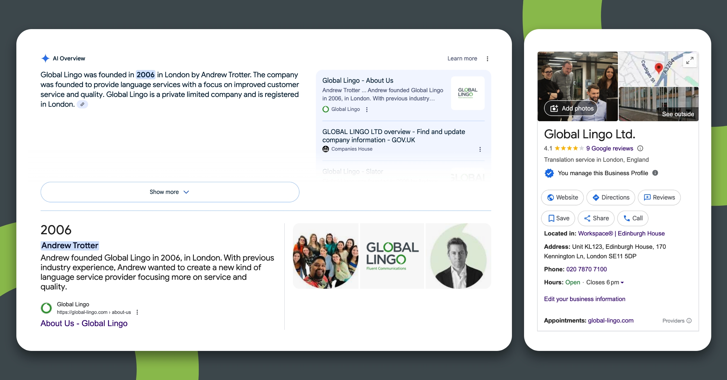 Knowledge graph entities that are related to the search term "Global Lingo"