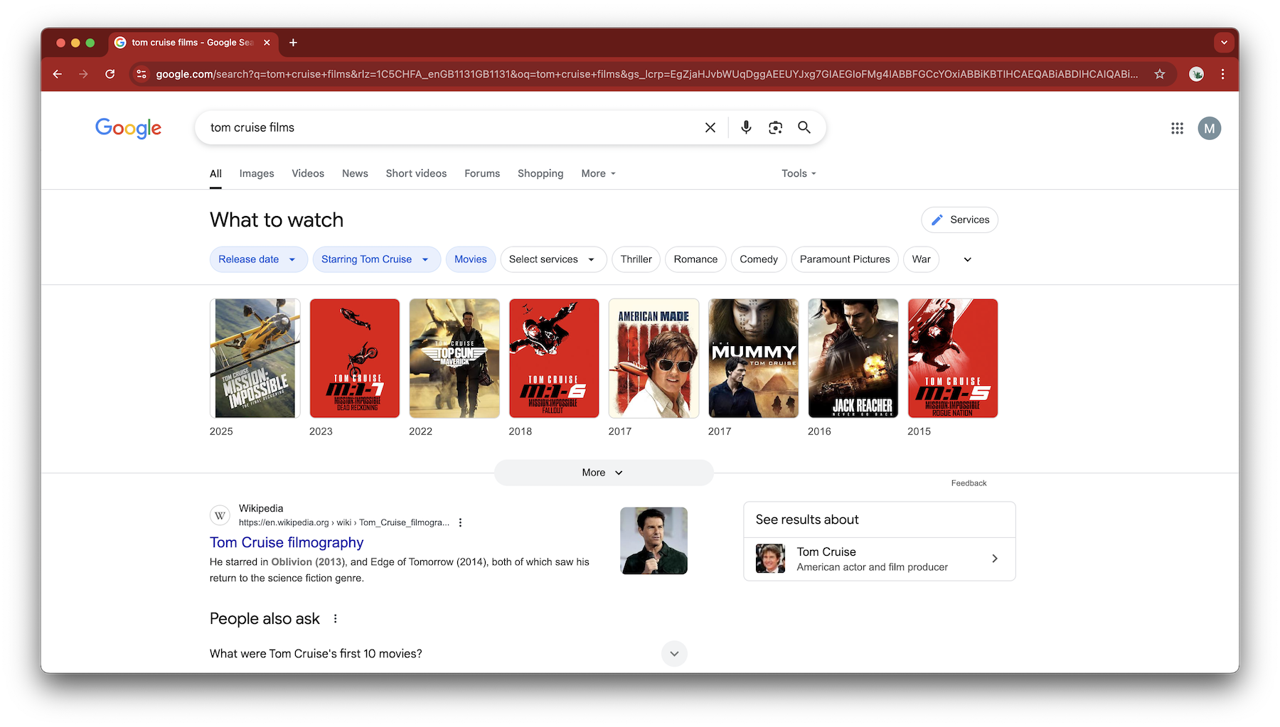 A screenshot of Google Search results for the search term: 'tom cruise films'