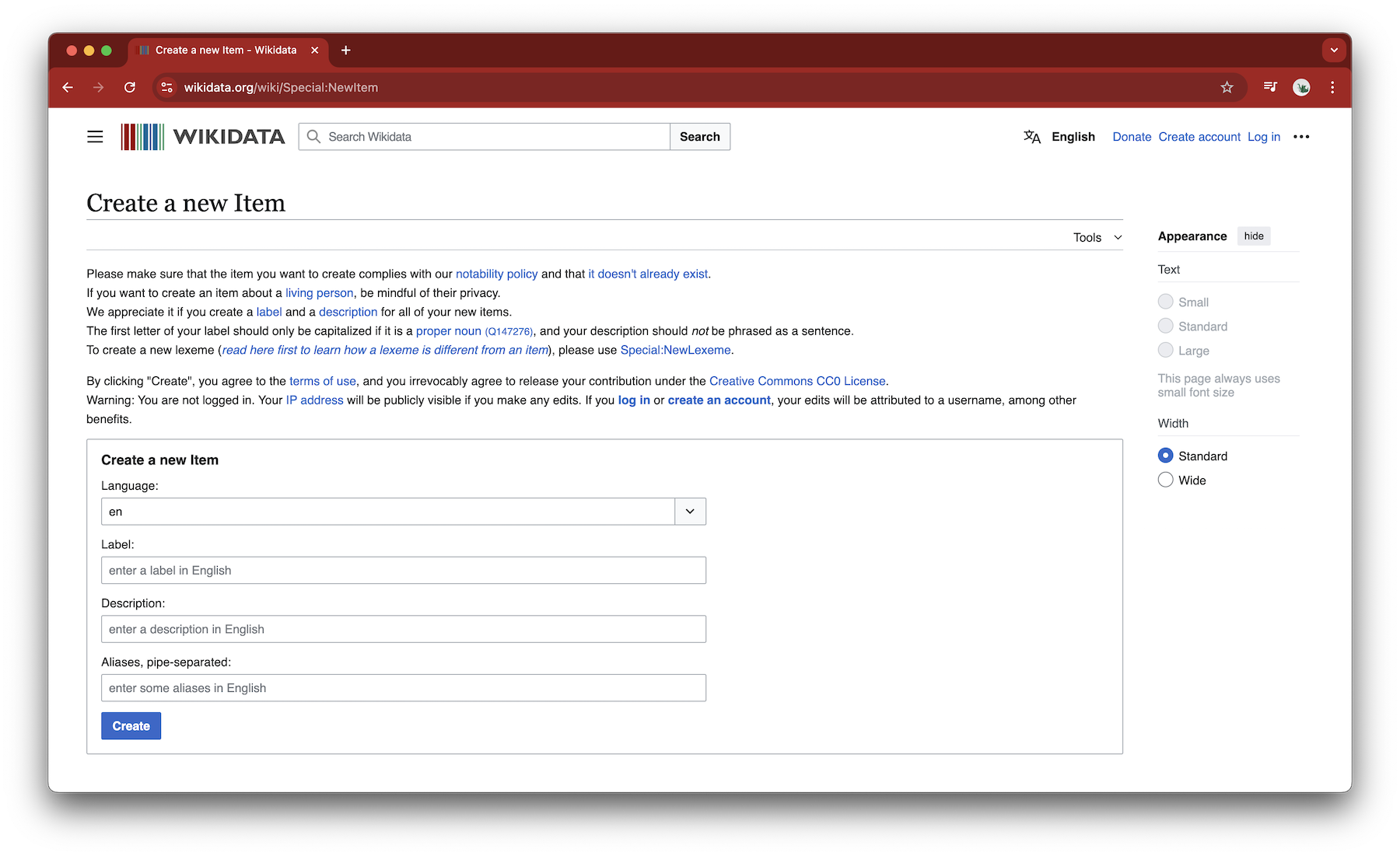 A screenshot of the Wikidata add entry page