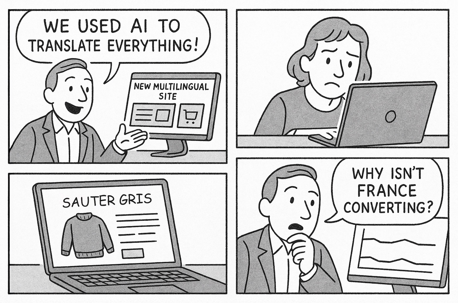 4 panel comic strip criticizing the limitations of AI translations if left unchecked. 