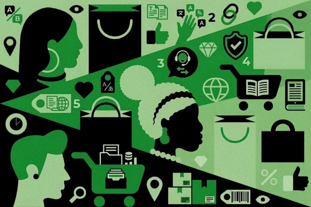a diverse abstract green and black photo with retail iconography including product tags, customer care, geolocation markers, and multilingual communication
