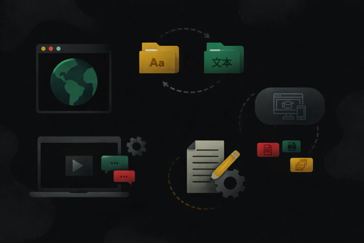 A dark abstract graphic of a localization workflow showing text and multimedia icons transforming into packaged files.