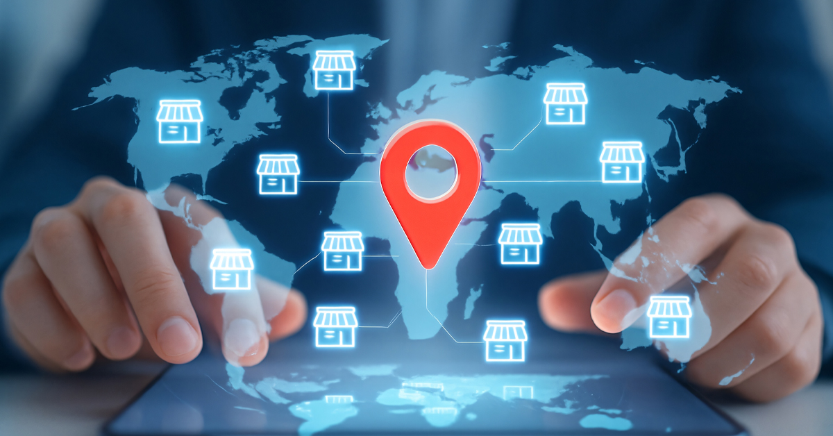 Digital map illustrating global retail growth across multiple store locations