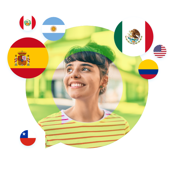 Portrait of a Spanish language specialist in a speech bubble with Spain, Mexico, and USA flags. Spanish Language Services