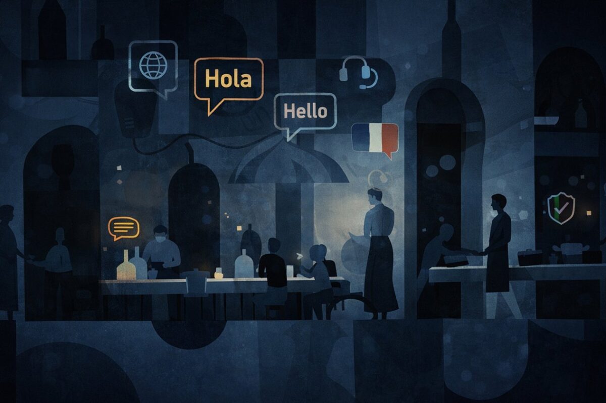 A multilingual cafe and restaurant with customers speaking in spanish, french, and english.