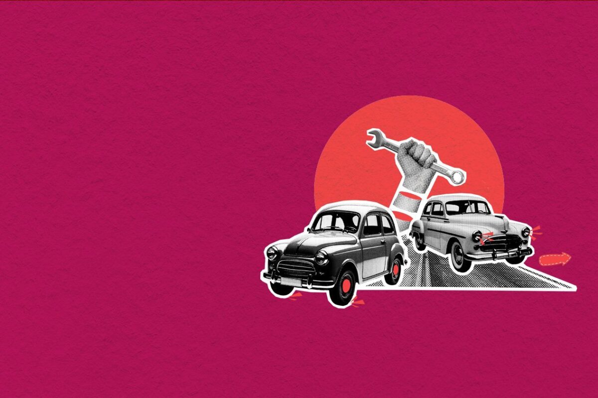 Graphic illustration addressing manufacturing challenges featuring vintage cars and a hand holding a wrench against a pink and orange background