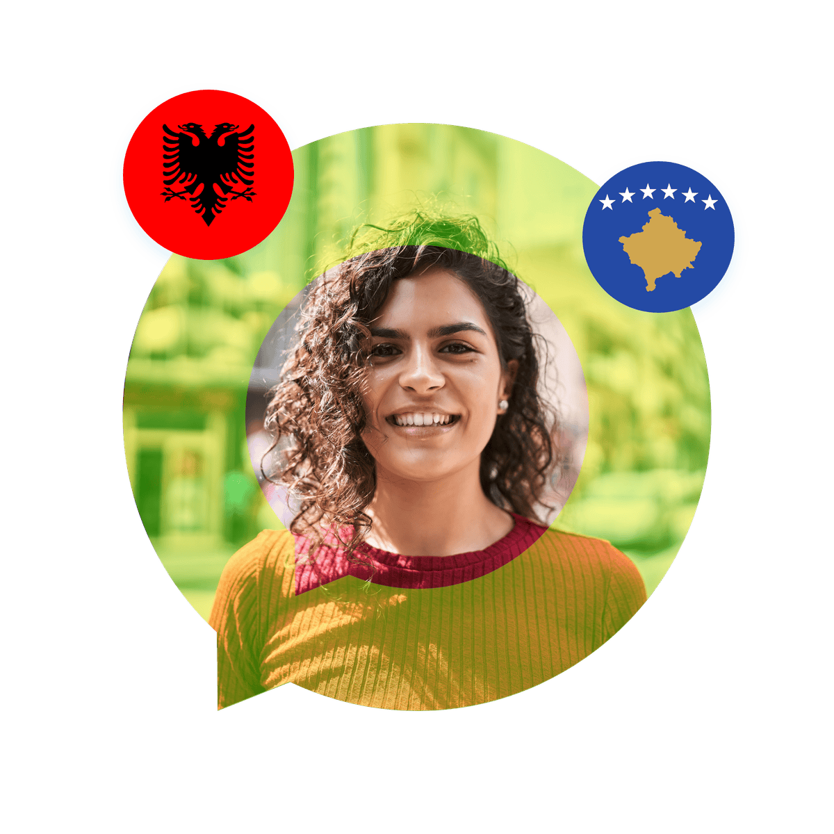 Portrait of an Albanian language specialist in a speech bubble with Albania and Kosovo flags. Albanian Language Services