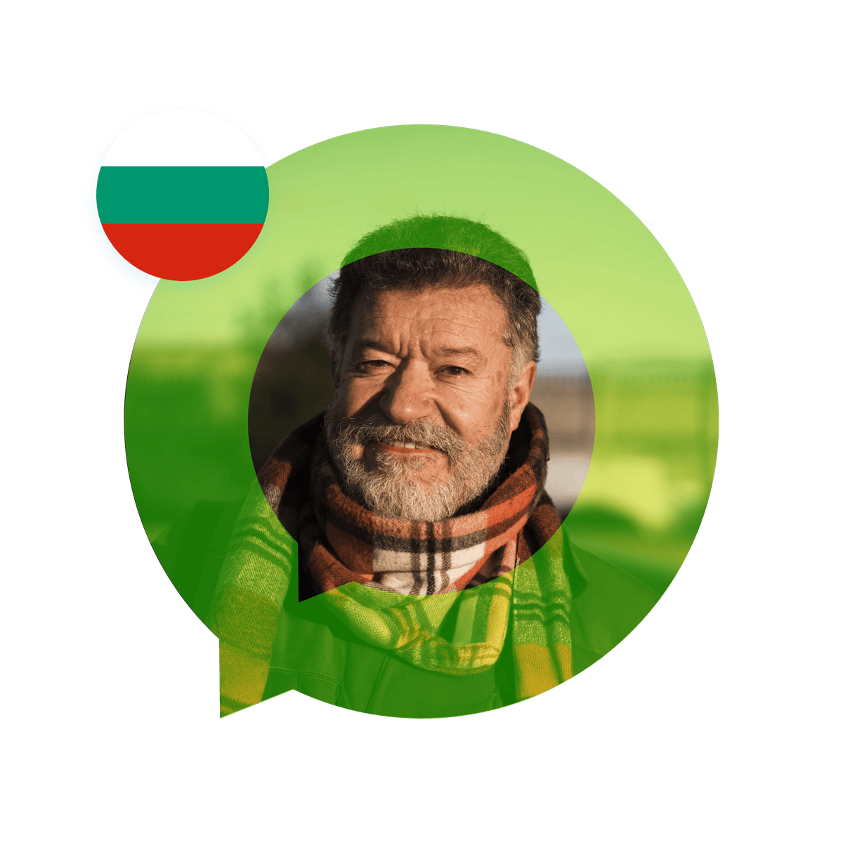 Portrait of a Bulgarian language specialist in a speech bubble with the Bulgaria flag. Bulgarian Language Services.