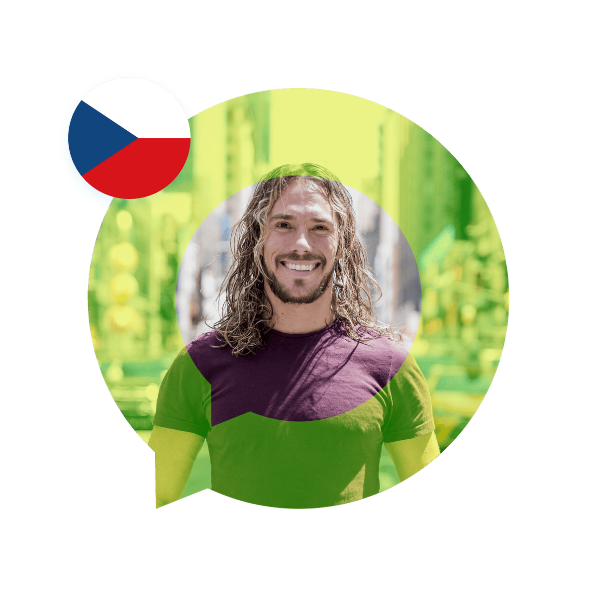 Portrait of a Czech language specialist in a speech bubble with the Czech Republic flag. Czech Language Services
