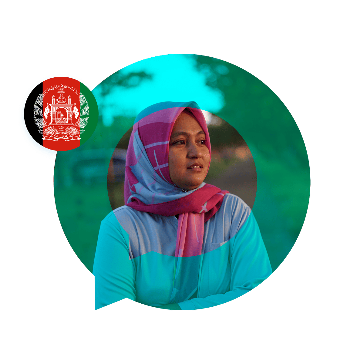 Portrait of a Dari language specialist in a speech bubble with the Afghanistan flag. Dari Language Services