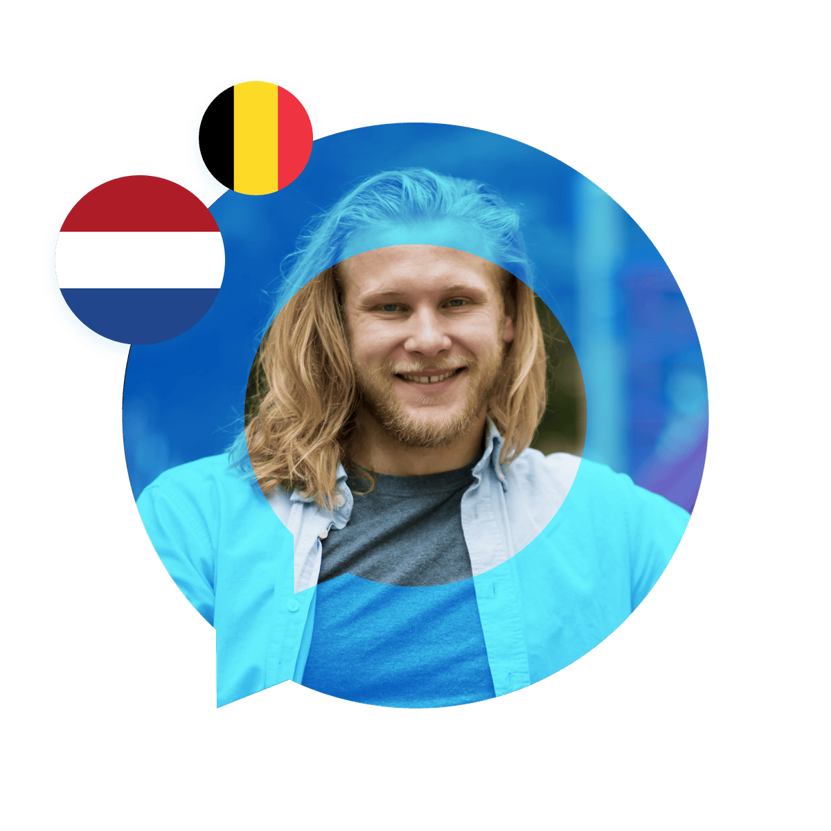 Portrait of a Dutch language specialist in a speech bubble with the Netherlands flag. Dutch Language Services