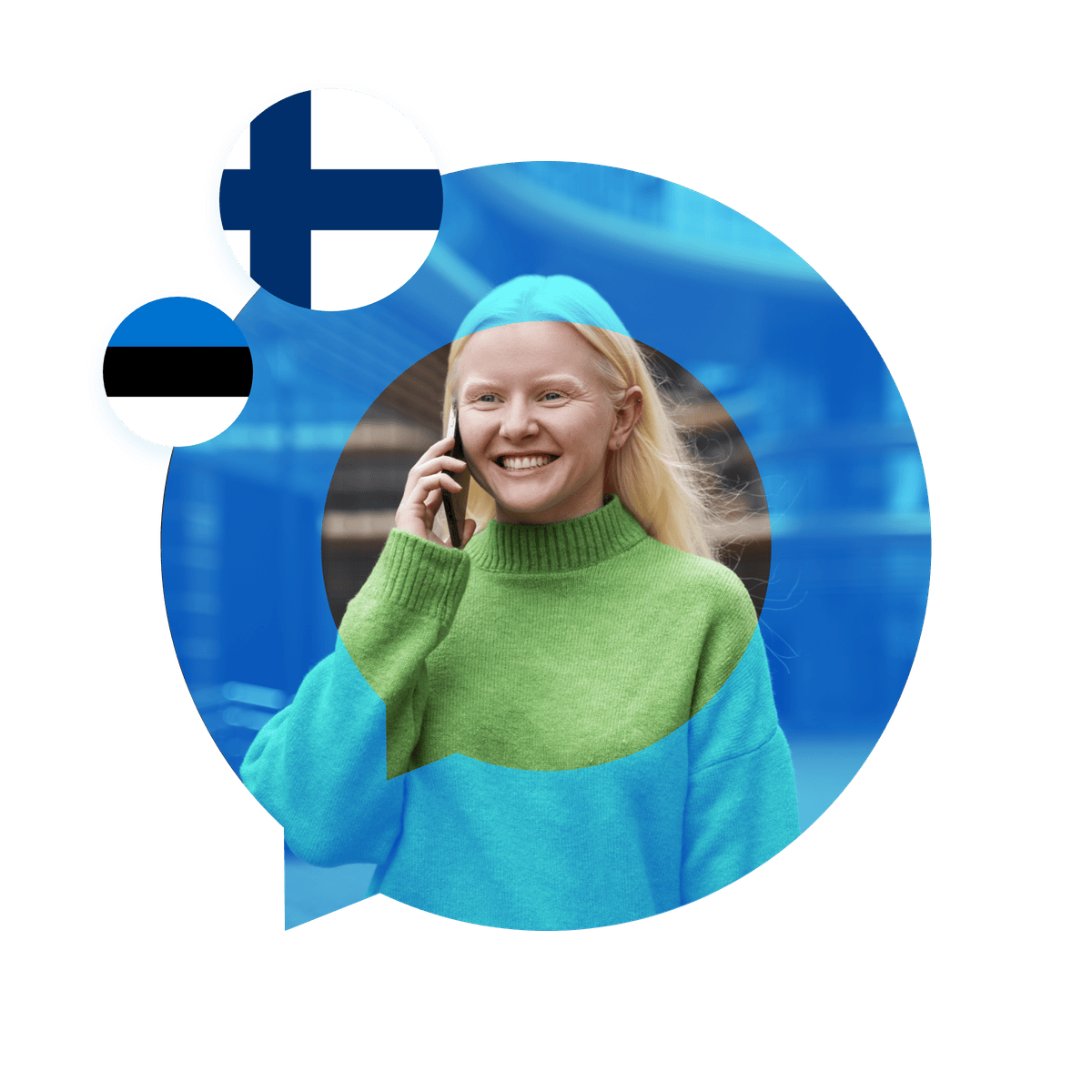 Portrait of a Finnish language specialist in a speech bubble with the Finland flag. Finnish Language Services