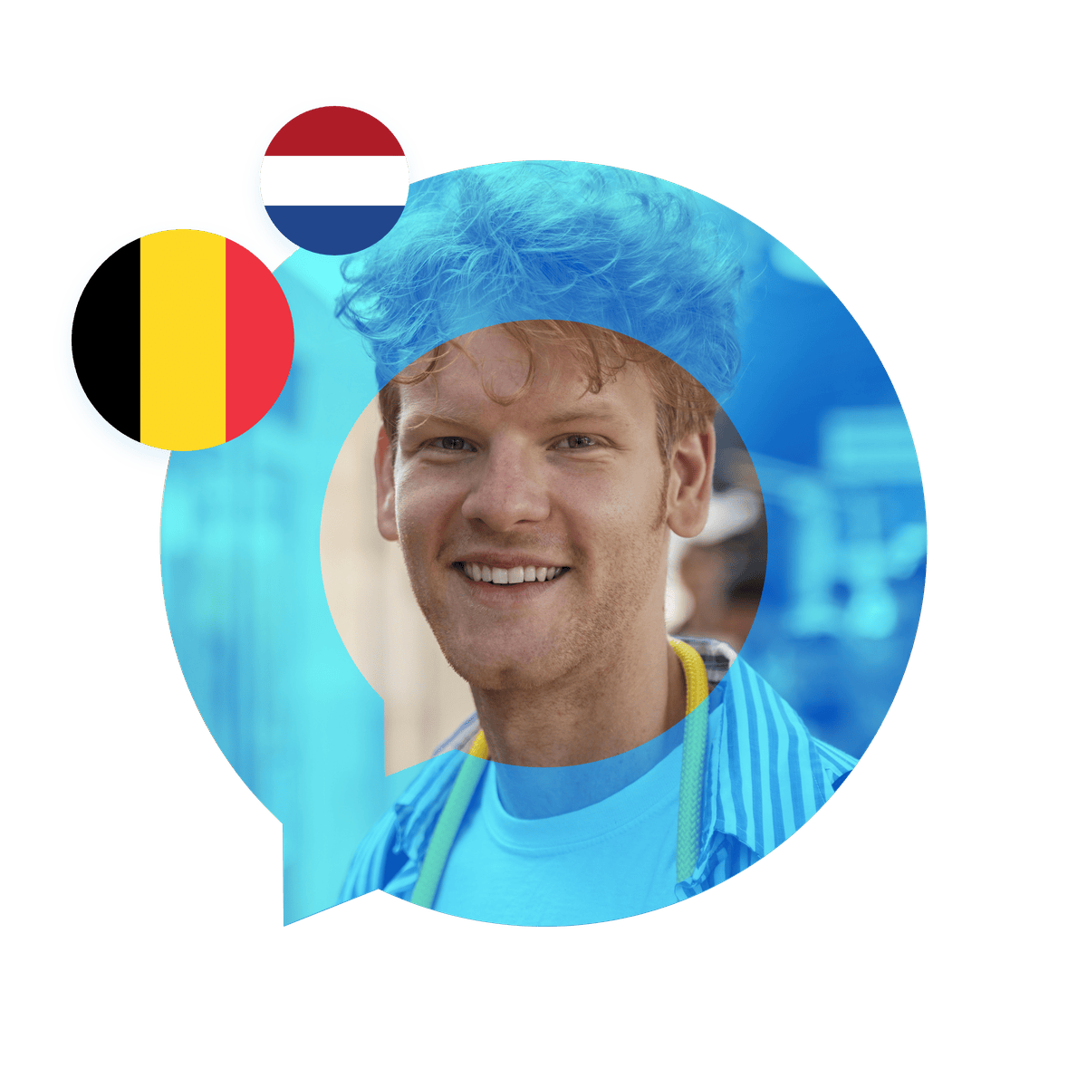Portrait of a smiling Flemish language specialist inside a speech bubble with the Belgium and Netherlands flags. Flemish Language Services
