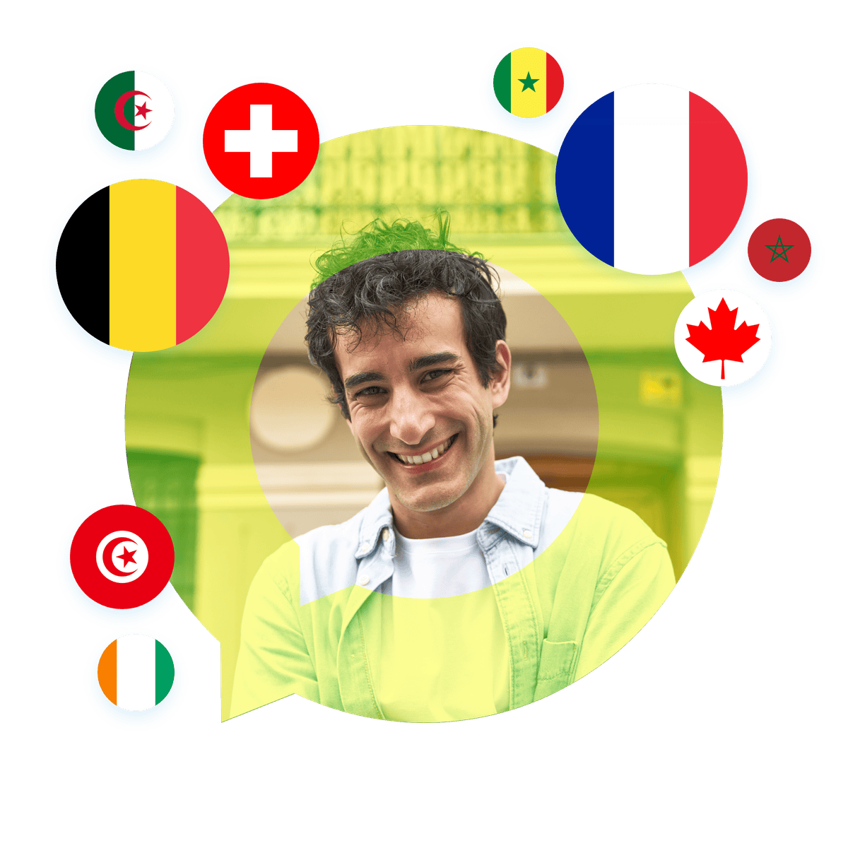 Portrait of a French language specialist in a speech bubble with France, Canada, and Belgium flags. French Language Services
