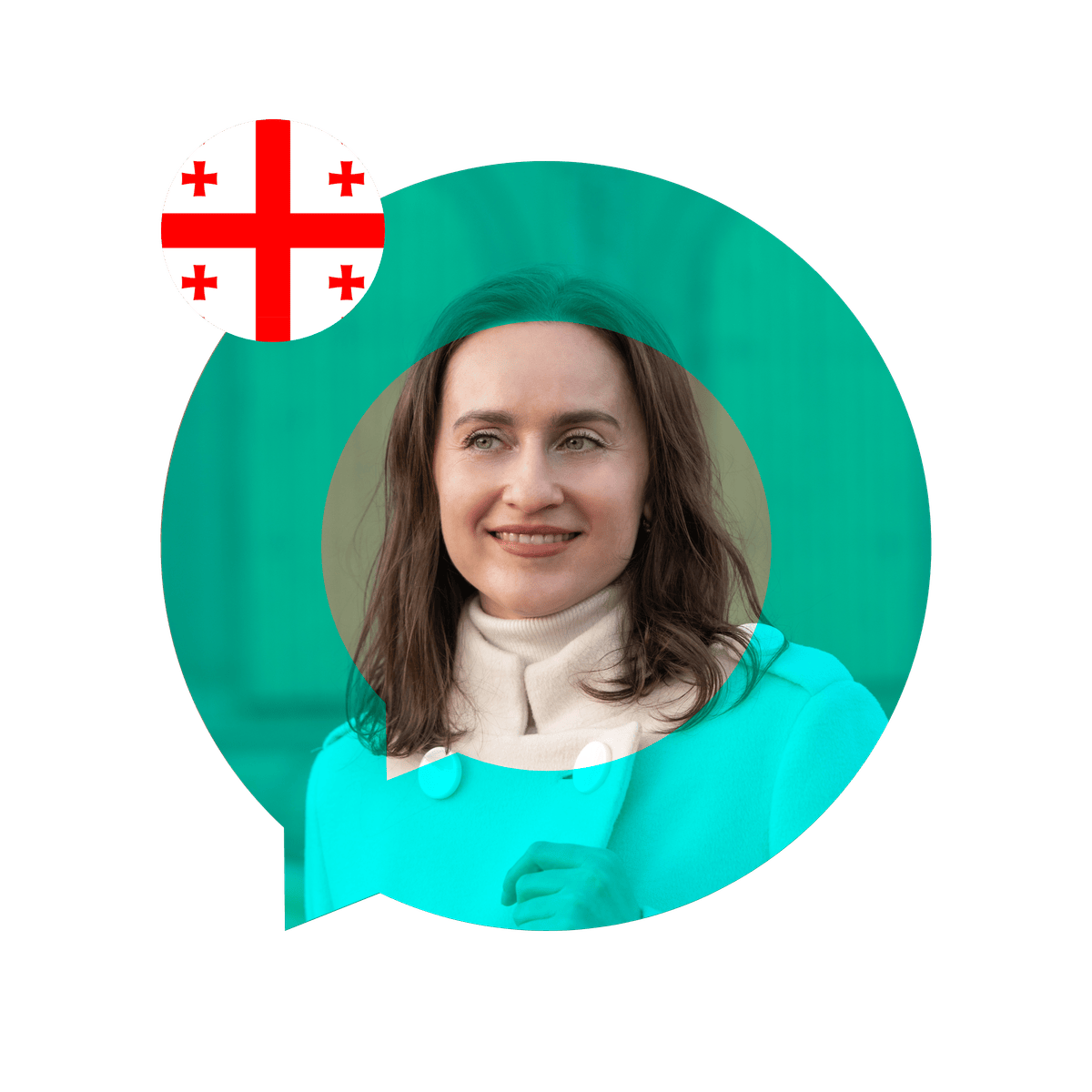 Portrait of a Georgian language specialist in a speech bubble with the Georgia flag. Georgian Language Services