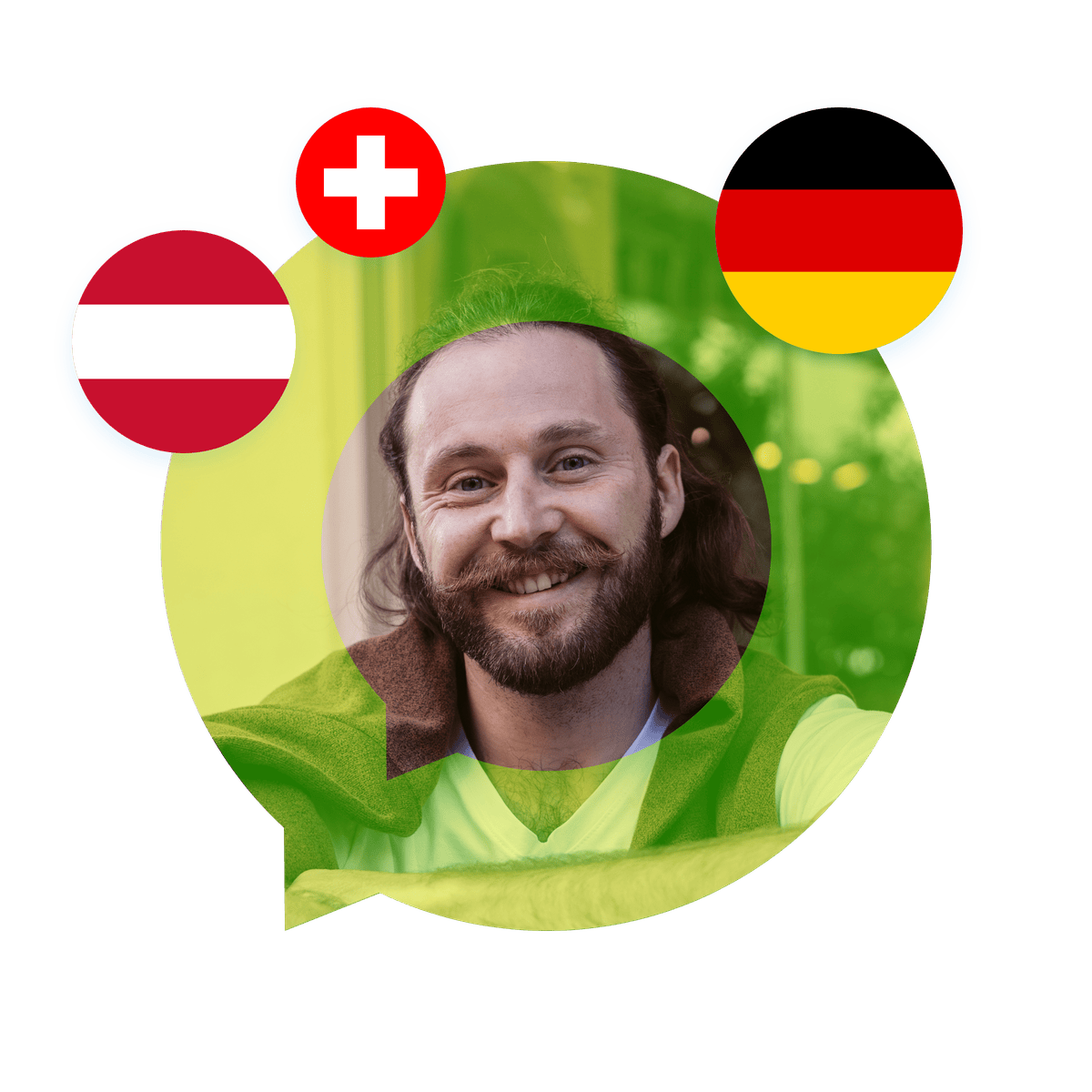 Portrait of a German language specialist in a speech bubble with Germany, Austria, and Switzerland flags. German Language Services
