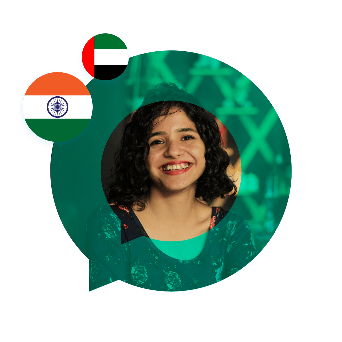 Portrait of a Hindi language specialist in a speech bubble with the India flag. Hindi Language Services