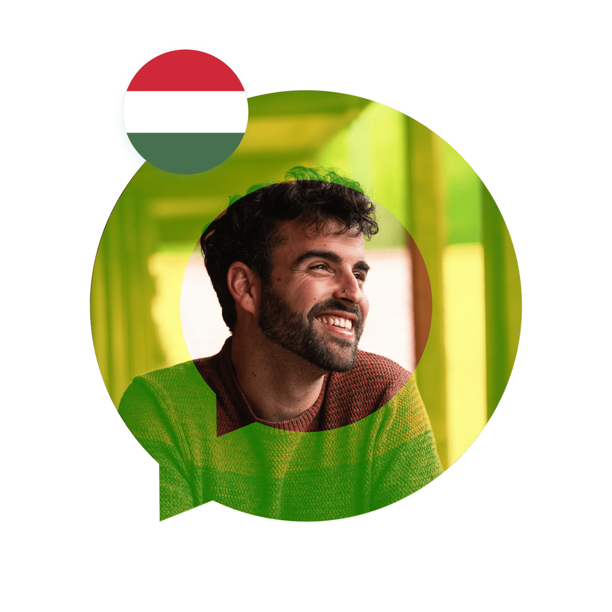 Portrait of a Hungarian language specialist in a speech bubble with the Hungary flag. Hungarian Language Services