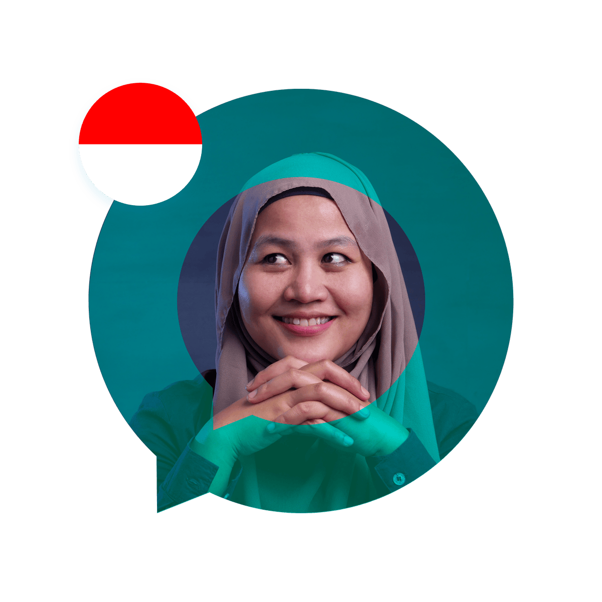 Portrait of an Indonesian language specialist in a speech bubble with the Indonesia flag. Indonesian Language Services.