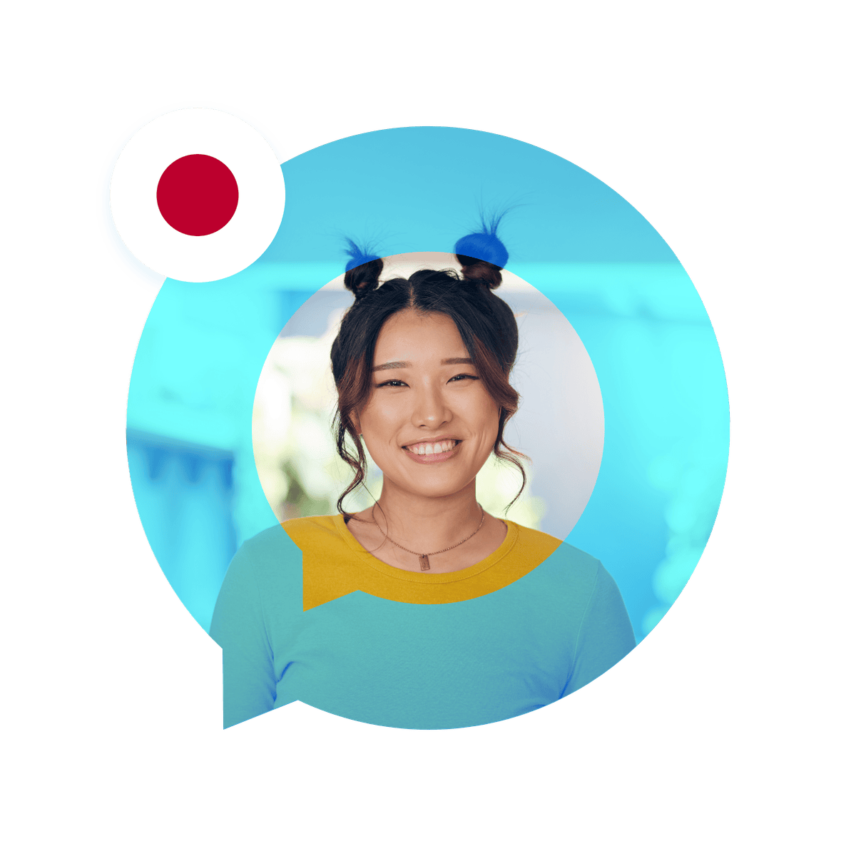 Portrait of a Japanese language specialist in a speech bubble with the Japan flag. Japanese Language Services