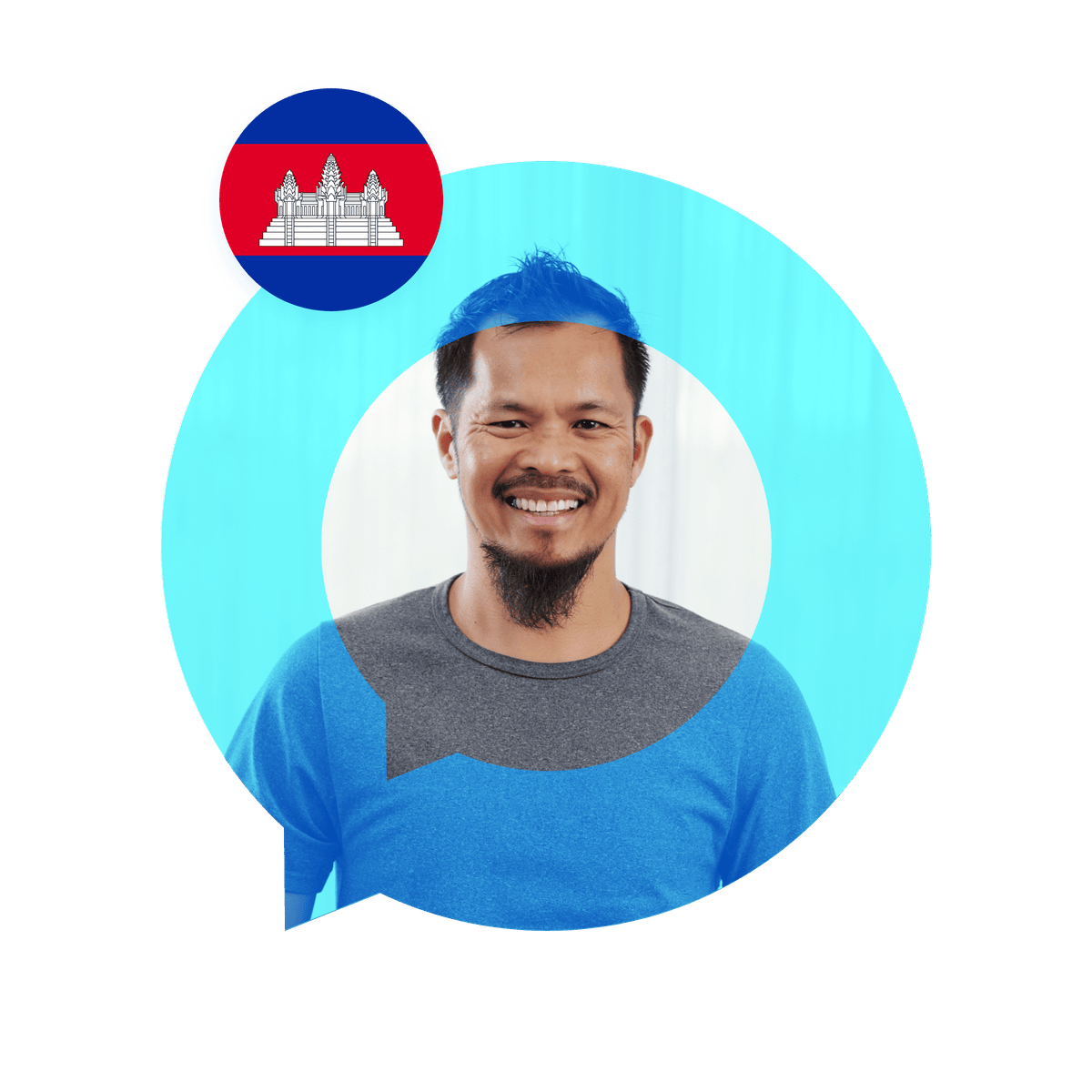 Portrait of a Khmer language specialist in a speech bubble with the Cambodia flag. Khmer Language Services