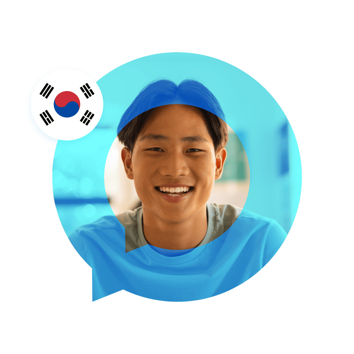Portrait of a Korean language specialist in a speech bubble with the South Korea flag. Korean Language Services