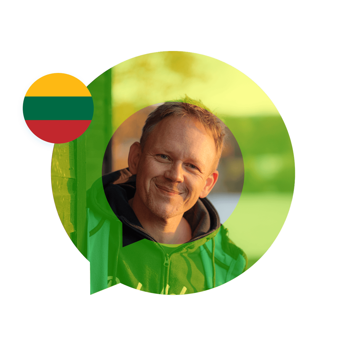 Portrait of a Lithuanian language specialist in a speech bubble with the Lithuania flag. Lithuanian Language Services