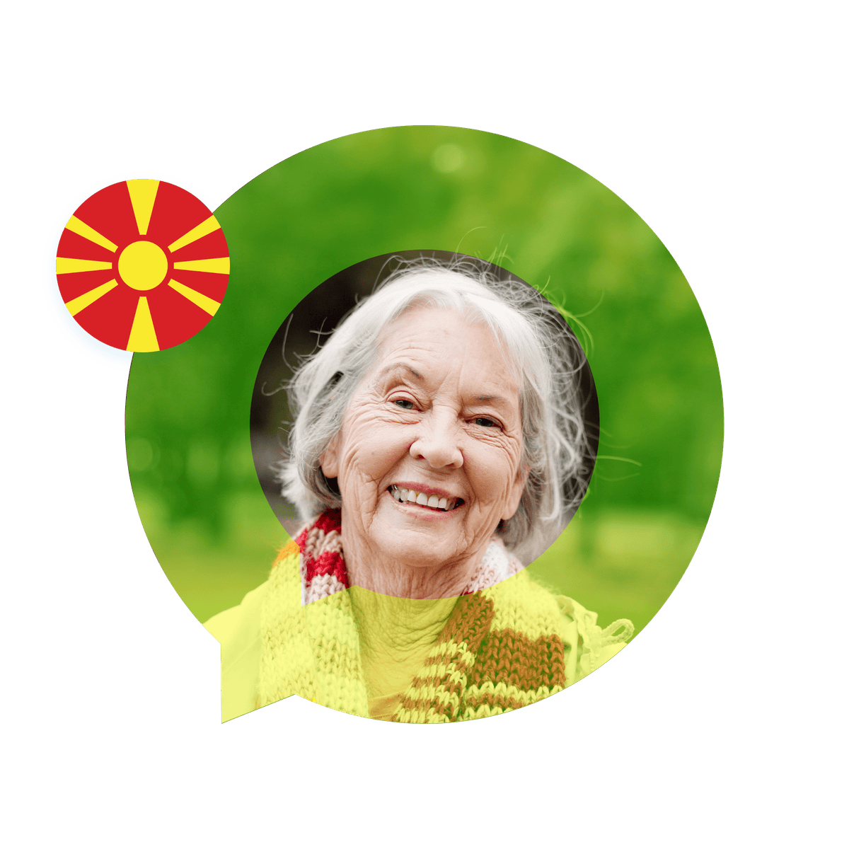 Portrait of a Macedonian language specialist in a speech bubble with the North Macedonia flag. Macedonian Language Services