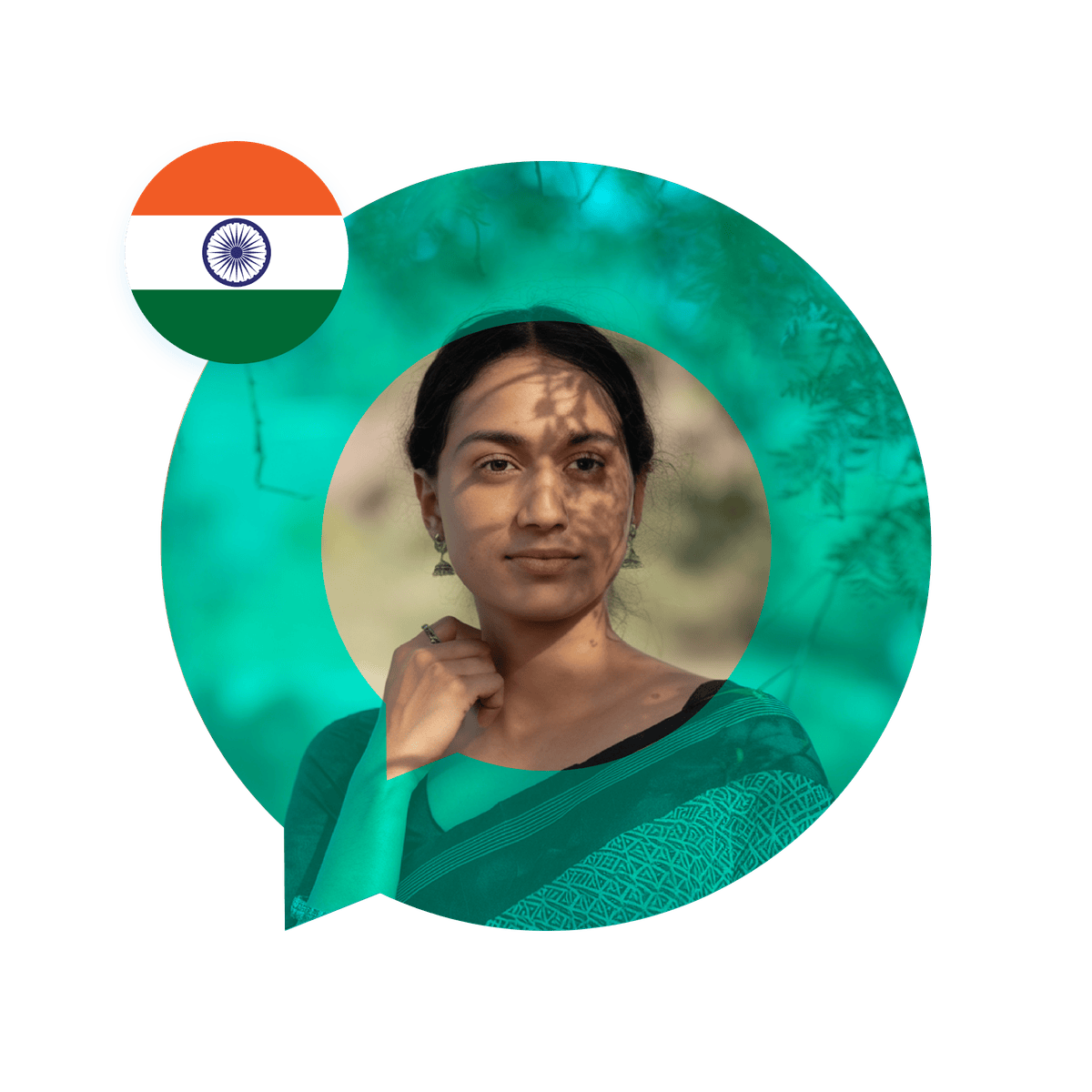 Portrait of a smiling Marathi language specialist in a speech bubble with the India flag icon. Marathi Language Services
