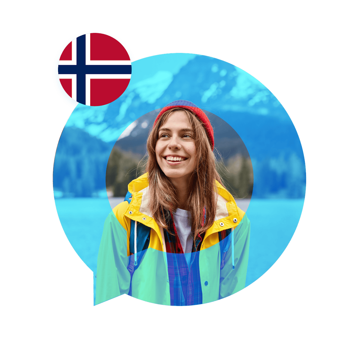 Portrait of a Norwegian language specialist in a speech bubble with the Norway flag. Norwegian Language Services