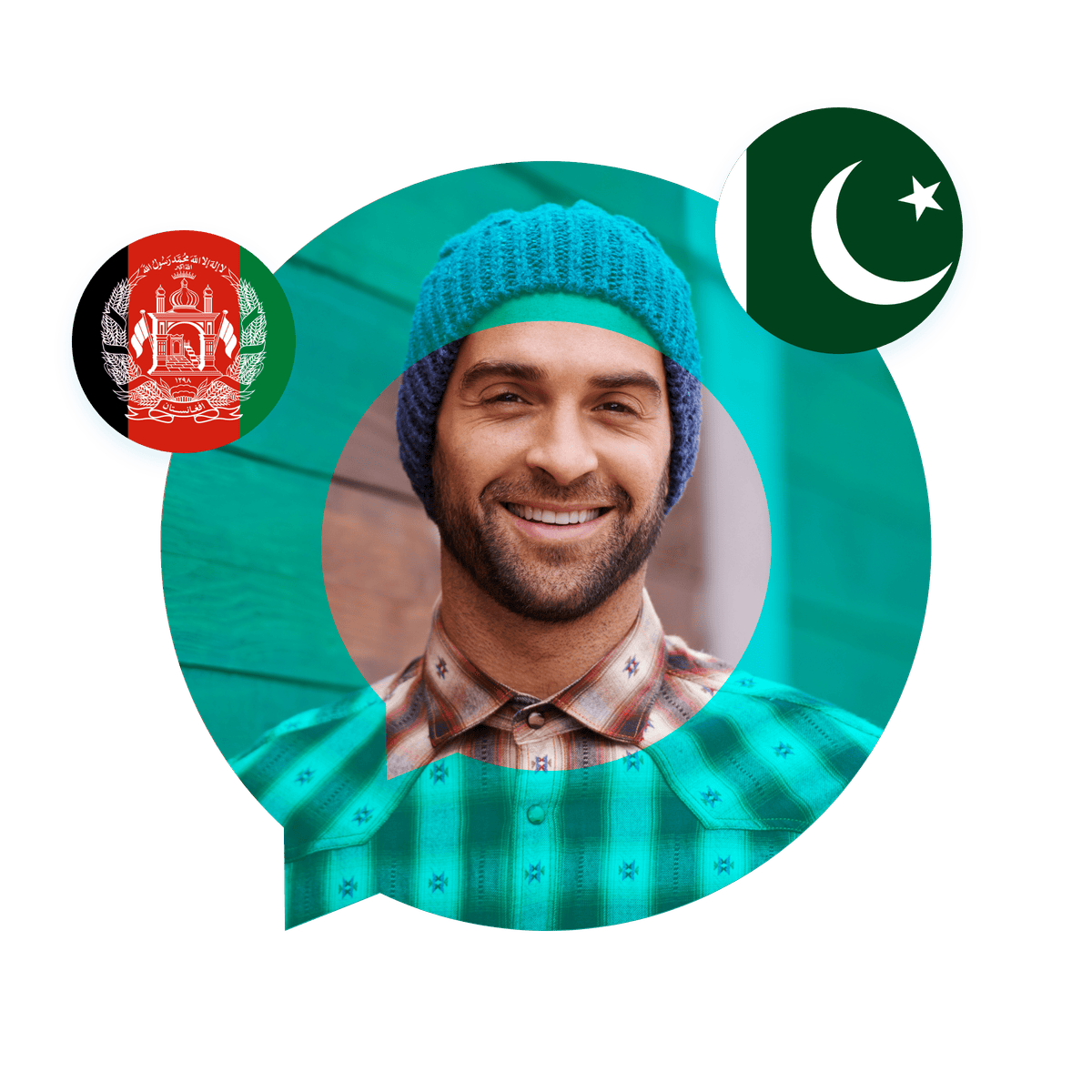 Portrait of a Pashto language specialist in a speech bubble with the Afghanistan flag. Pashto Language Services