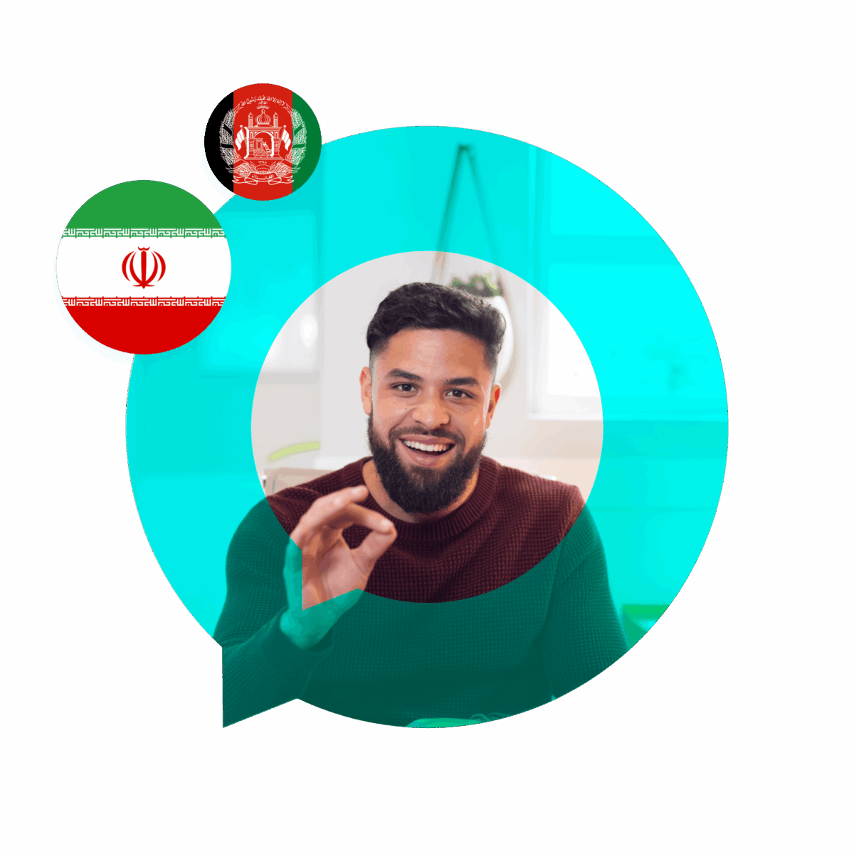 Portrait of a smiling Persian language specialist in a speech bubble with the Iran and Afghanistan flag icons. Persian (Farsi) Language Services