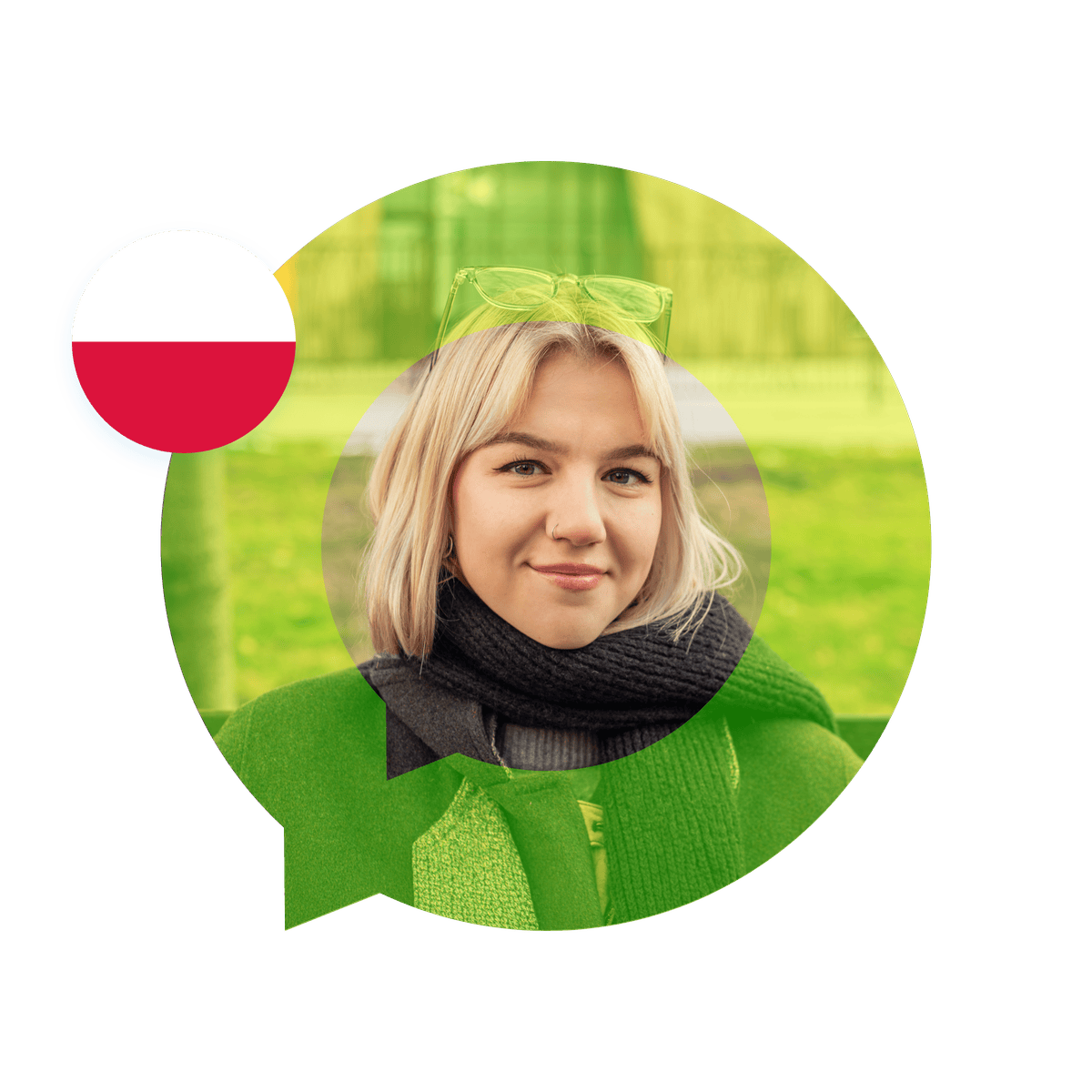 Portrait of a Polish language specialist in a speech bubble with the Poland flag. Polish Language Services