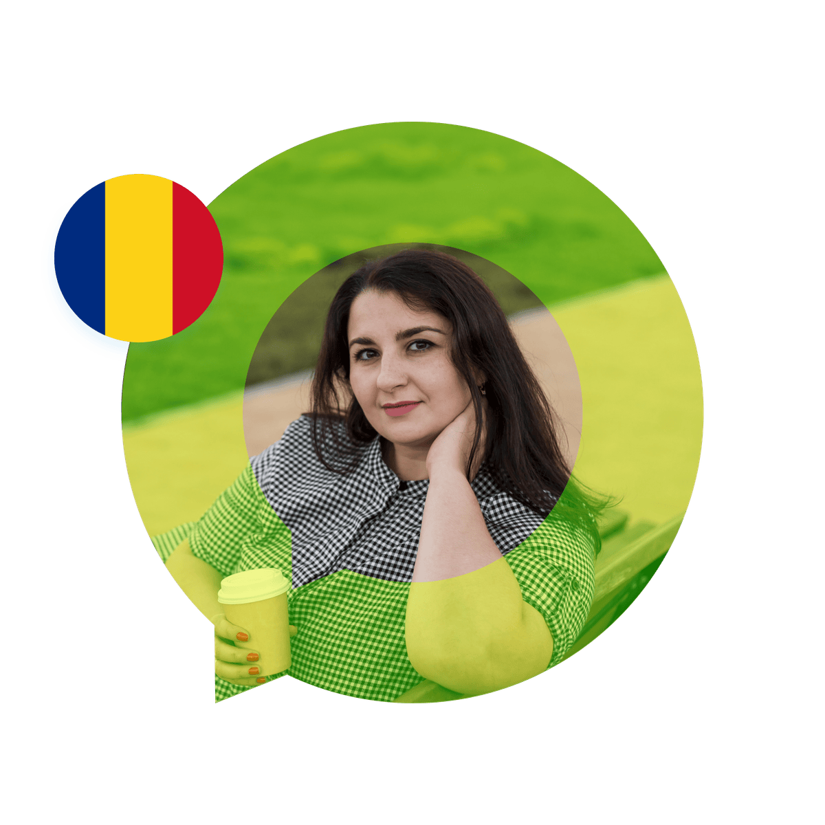 Portrait of a Romanian language specialist in a speech bubble with the Romania flag. Romanian Language Services