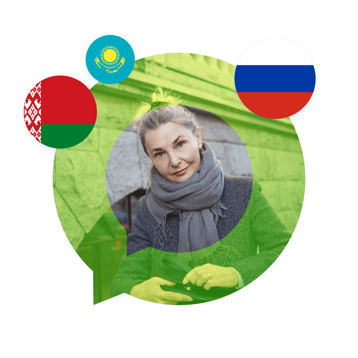 Portrait of a Russian language specialist in a speech bubble with the Russia flag. Russian Language Services