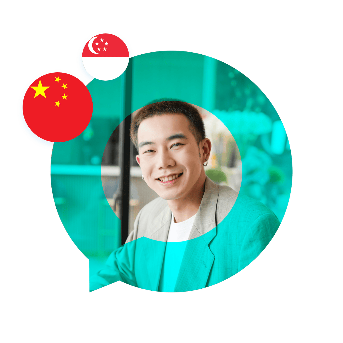 Portrait of a Simplified Chinese language specialist in a speech bubble with the China flag. Simplified Chinese Language Services.