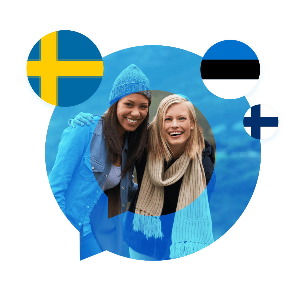 Portrait of a Swedish language specialist in a speech bubble with the Sweden flag. Swedish Language Services