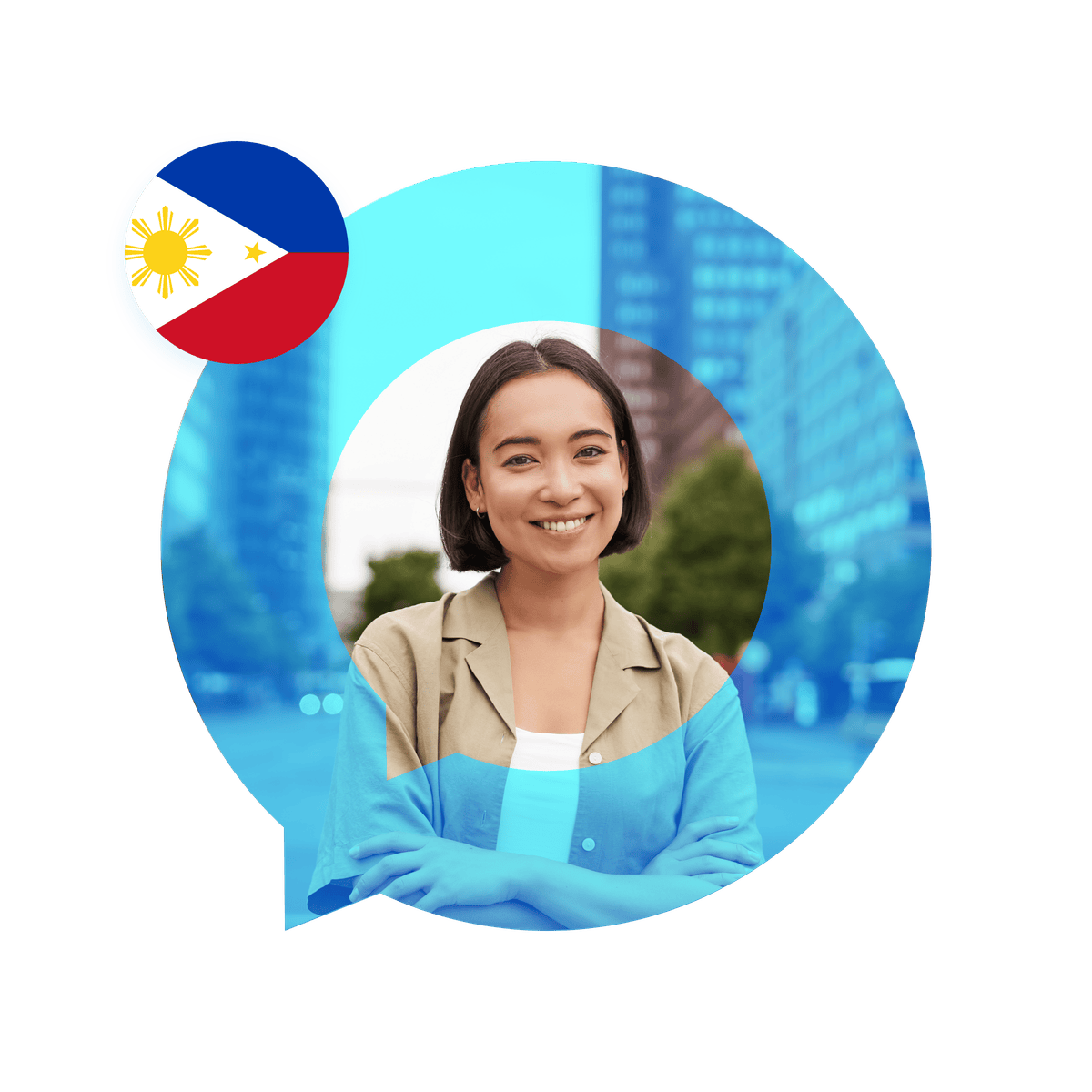 Portrait of a Tagalog language specialist in a speech bubble with the Philippines flag. Tagalog Language Services