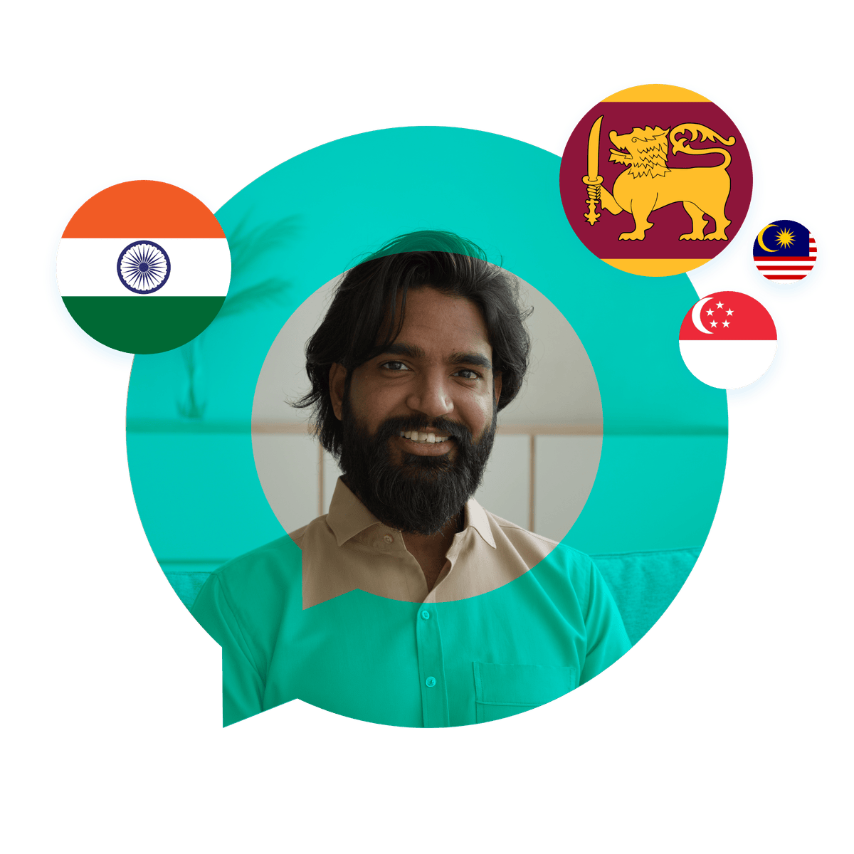 Portrait of a Tamil language specialist in a speech bubble with India, Sri Lanka, and Singapore flags. Tamil Language Services