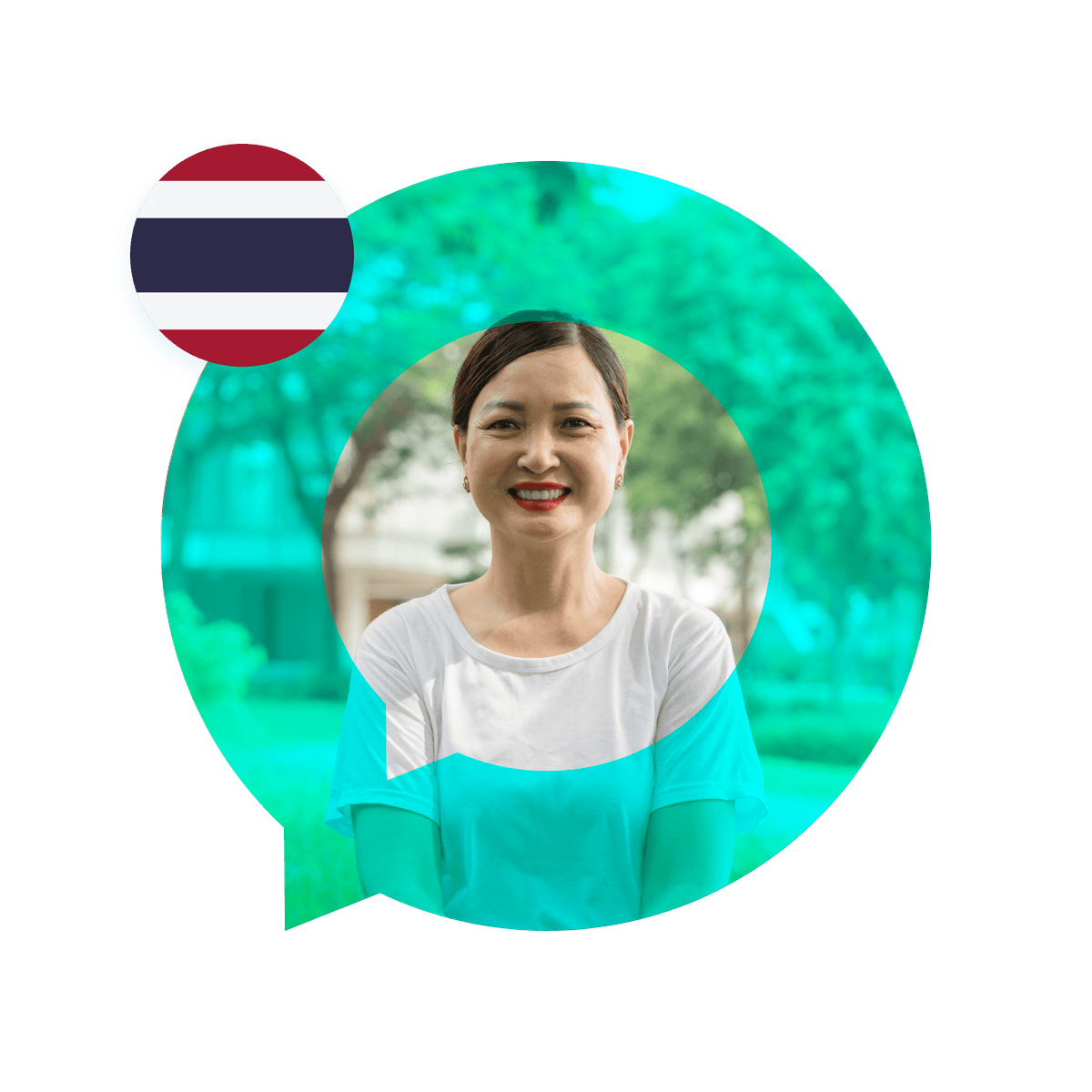 Portrait of a Thai language specialist in a speech bubble with the Thailand flag. Thai Language Services