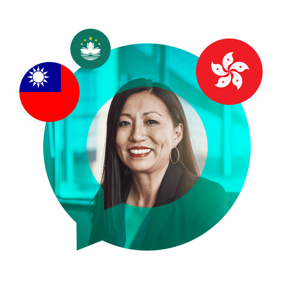 Portrait of a Traditional Chinese language specialist in a speech bubble with Hong Kong and Taiwan flags. Traditional Chinese Language Services