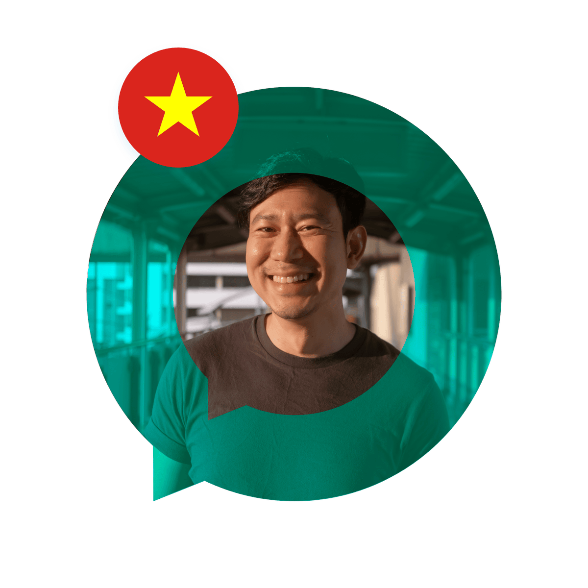 Portrait of a Vietnamese language specialist in a speech bubble with the Vietnam flag. Vietnamese Language Services.