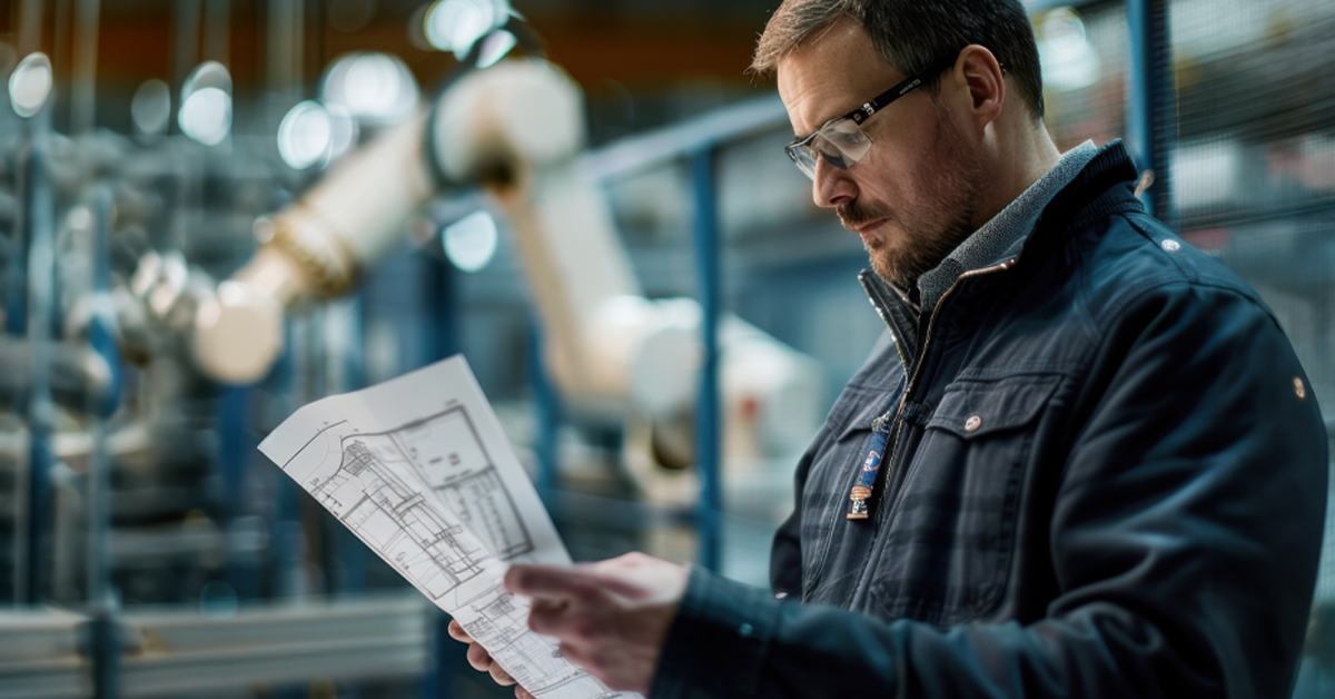 focused engineer wearing safety glasses reviews technical documentation to solve manufacturing challenges in a high-tech factory setting