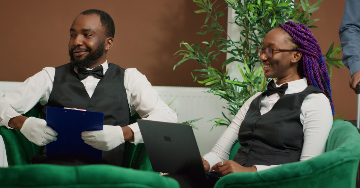 Multilingual workforce taking an elearning course in uniform. 