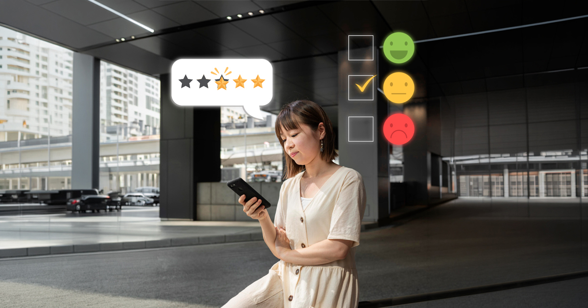 A woman looks at her phone with overlay graphics of a five-star rating and survey emojis, representing how to solve market research challenges through accurate questionnaire translation.