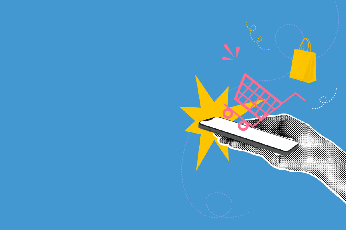 Retail digital touchpoints illustration of mobile commerce with smartphone and shopping icons