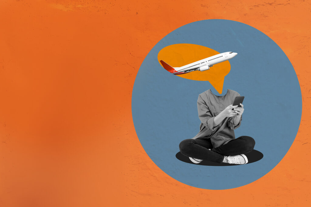 Artistic collage of a person sitting cross-legged using a mobile phone with a plane in a speech bubble, representing new travel demand trends.